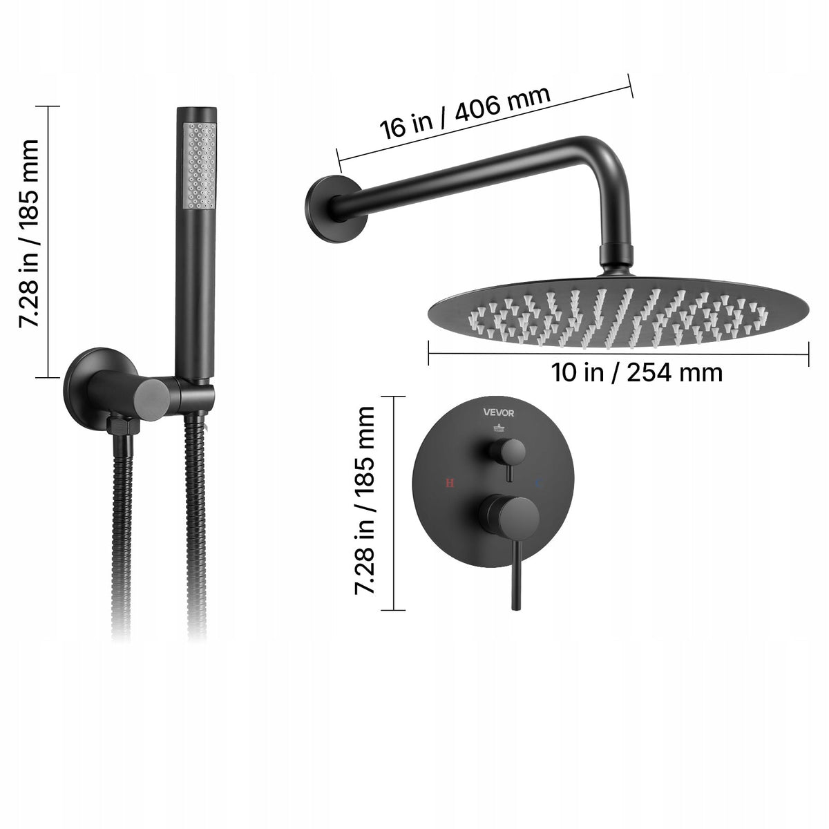 VEVOR PROFESSIONAL SHOWER FAUCET WITH 10-INCH RAINFALL SHOWER HEAD, BLACK