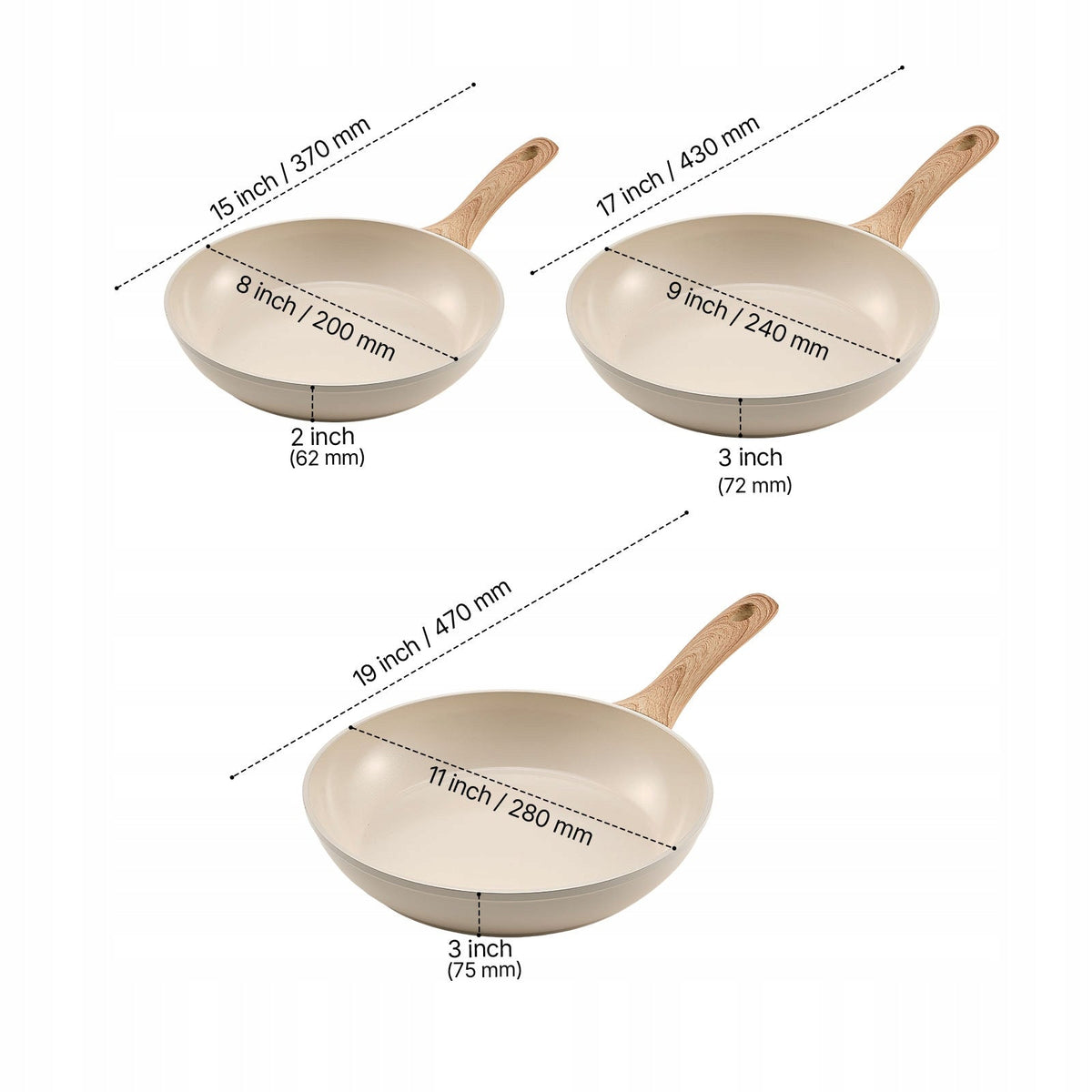 VEVOR 3-PIECE FRYING PAN SET 20 24 28 CM ALUMINUM STRONG