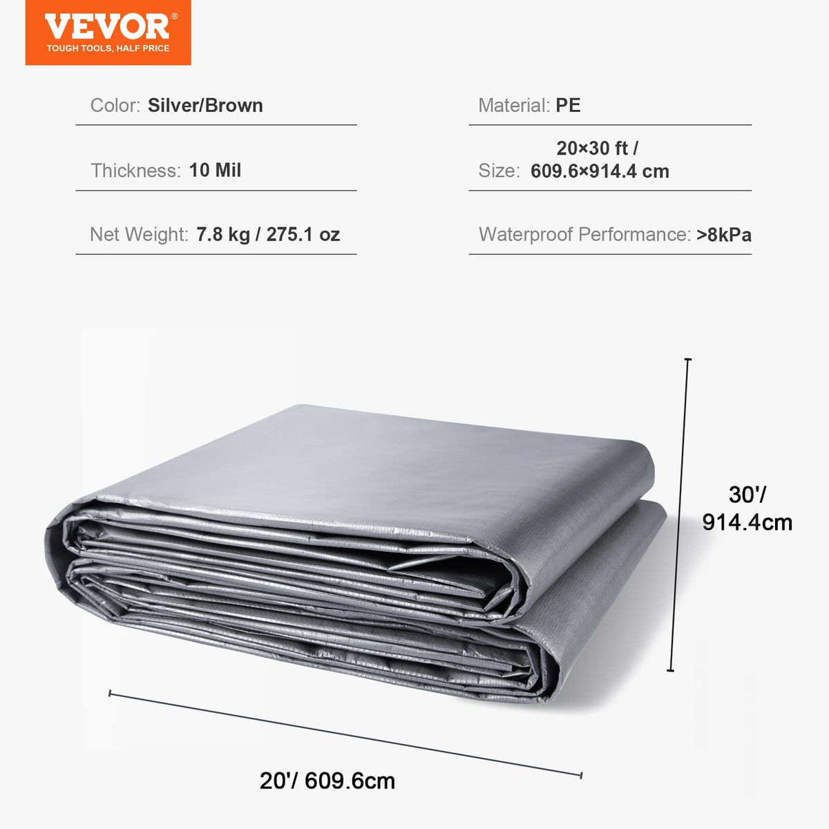 VEVOR PROTECTIVE TARP 609.6X914.4 CM 10 MIL WATERPROOF UV HEAVY DUTY