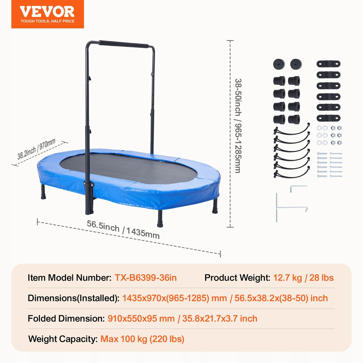 VEVOR KIDS FOLDABLE MINI TRAMPOLINE BLUE FOR HOME AND GARDEN 100KG