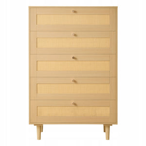 VEVOR RATTAN CHEST OF DRAWERS 5 DRAWERS METAL HANDLES WOODEN LEGS NATURAL