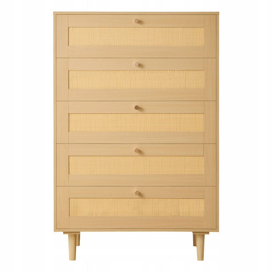 VEVOR RATTAN CHEST OF DRAWERS 5 DRAWERS METAL HANDLES WOODEN LEGS NATURAL