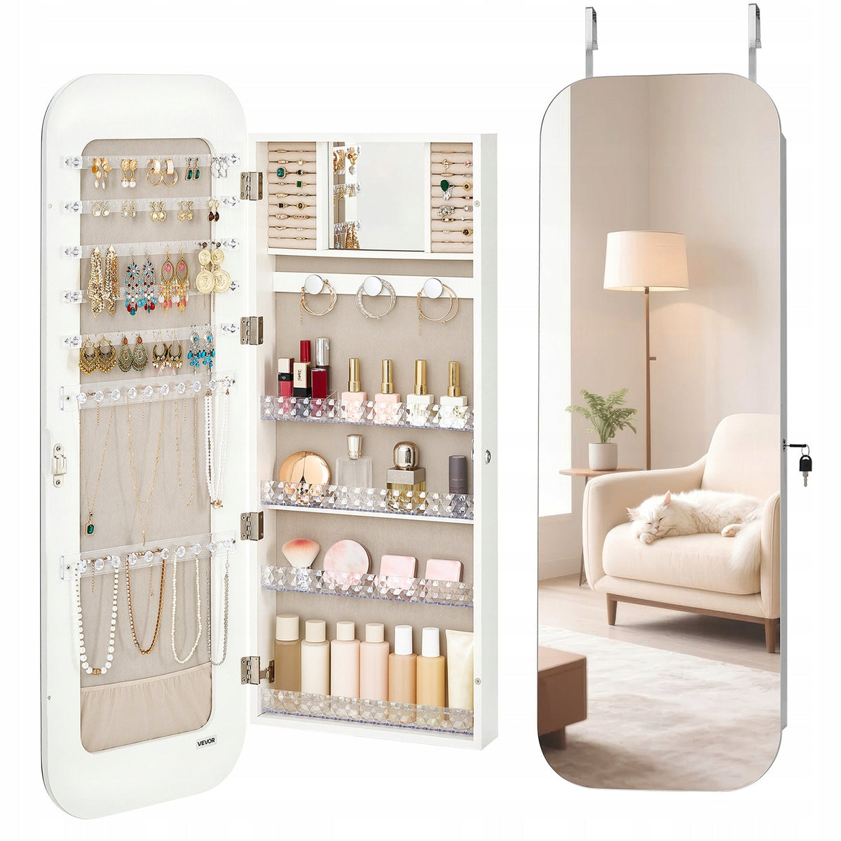 VEVOR JEWELRY CABINET WITH FULL-LENGTH MIRROR 108 CM STRONG