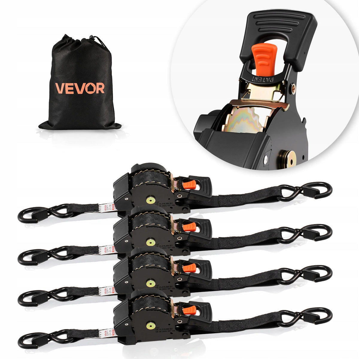 VEVOR TIE-DOWN STRAP WITH AUTOMATIC RATCHET 25.4X4876.8MM 4 PCS S-HOOKS HEAVY DUTY