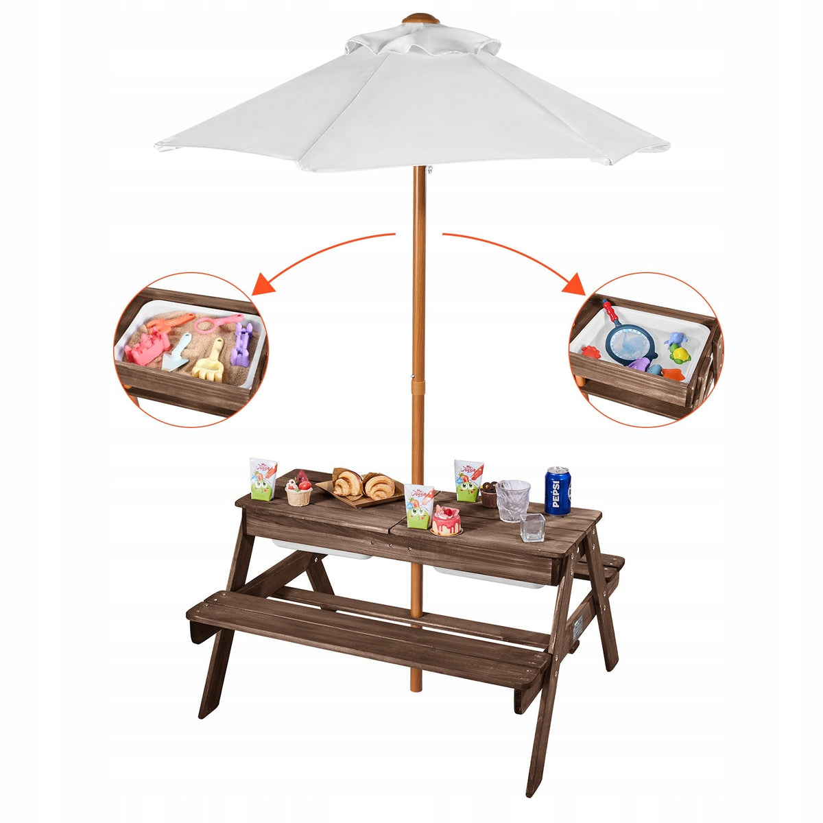 VEVOR PICNIC TABLE WITH REMOVABLE UMBRELLA AND 2 WOODEN BENCHES SOLID