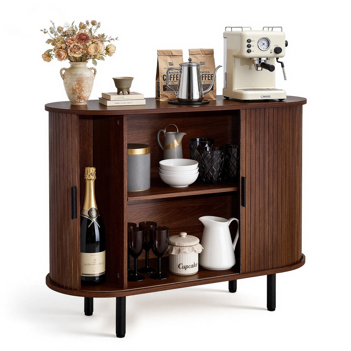 VEVOR KITCHEN CABINET WITH 2 SLIDING DOORS WALNUT BLACK STURDY