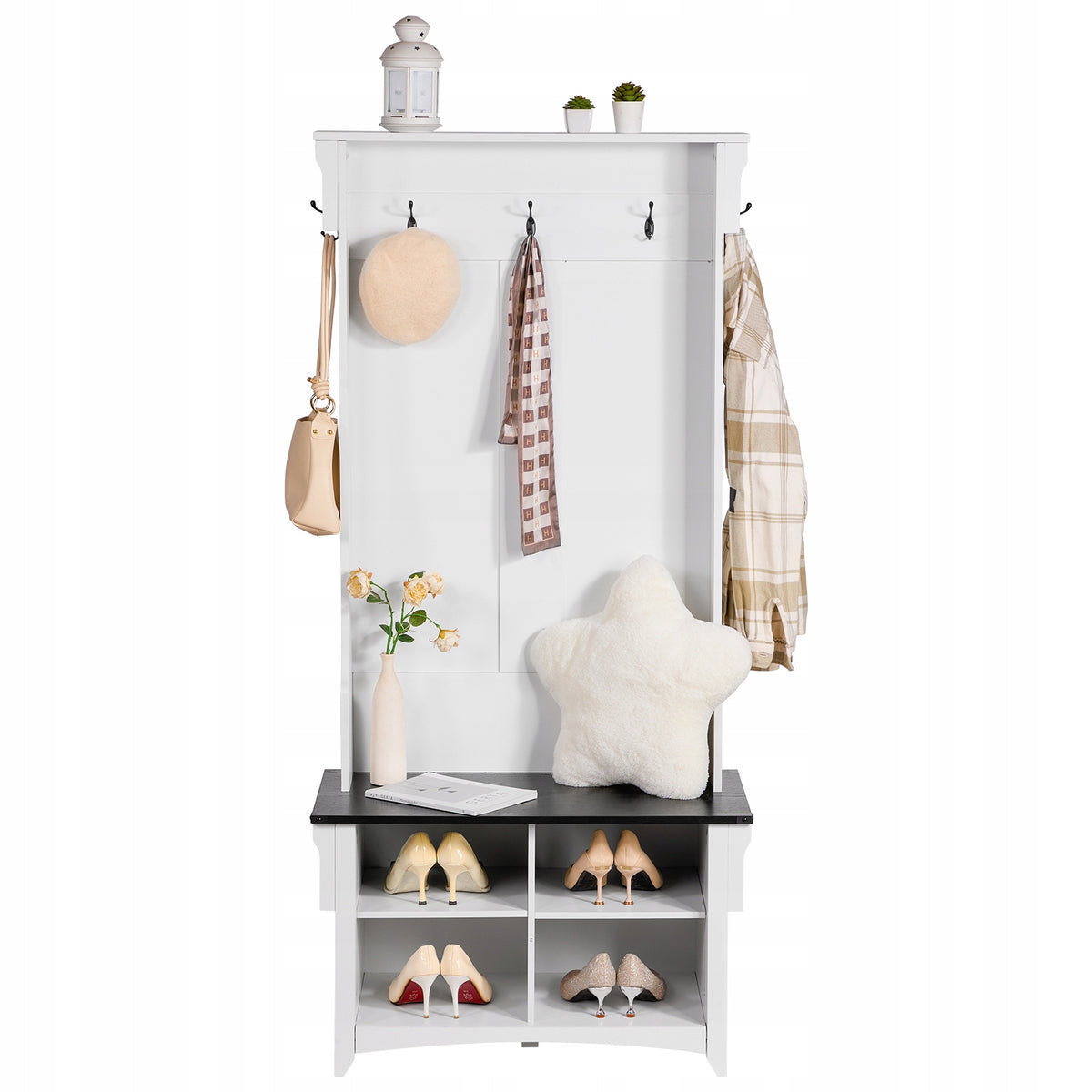 VEVOR WOODEN COAT RACK WITH BENCH AND SHOE SHELF WHITE STURDY