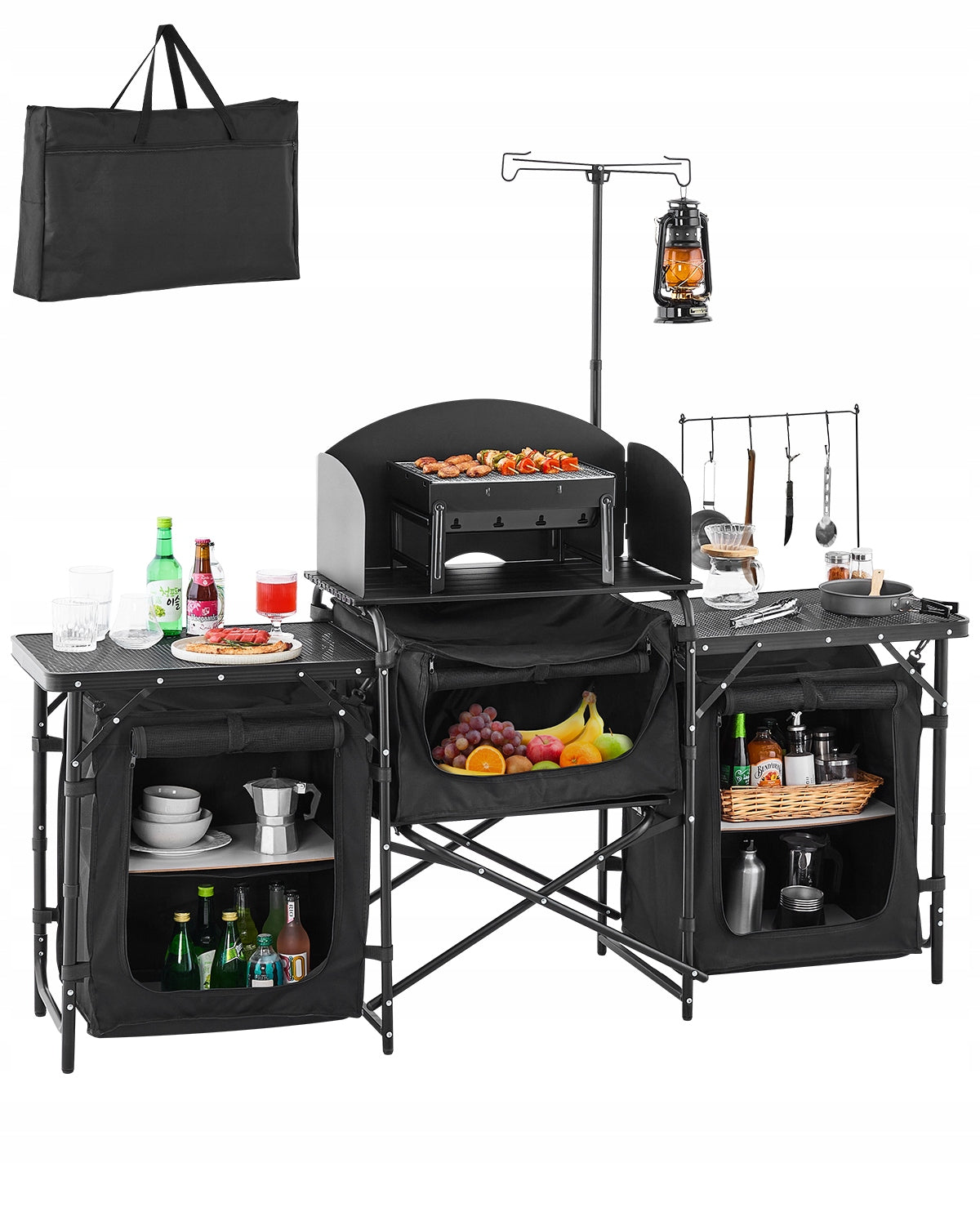 VEVOR PORTABLE CAMPING KITCHEN TABLE ALUMINIUM WITH 3 CABINETS BLACK