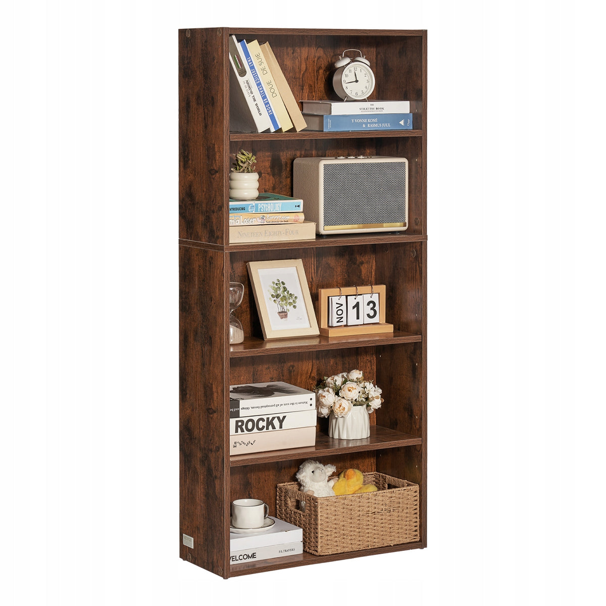 VEVOR SLIM BOOKCASE 5 TIERS ADJUSTABLE SHELVES STURDY BROWN