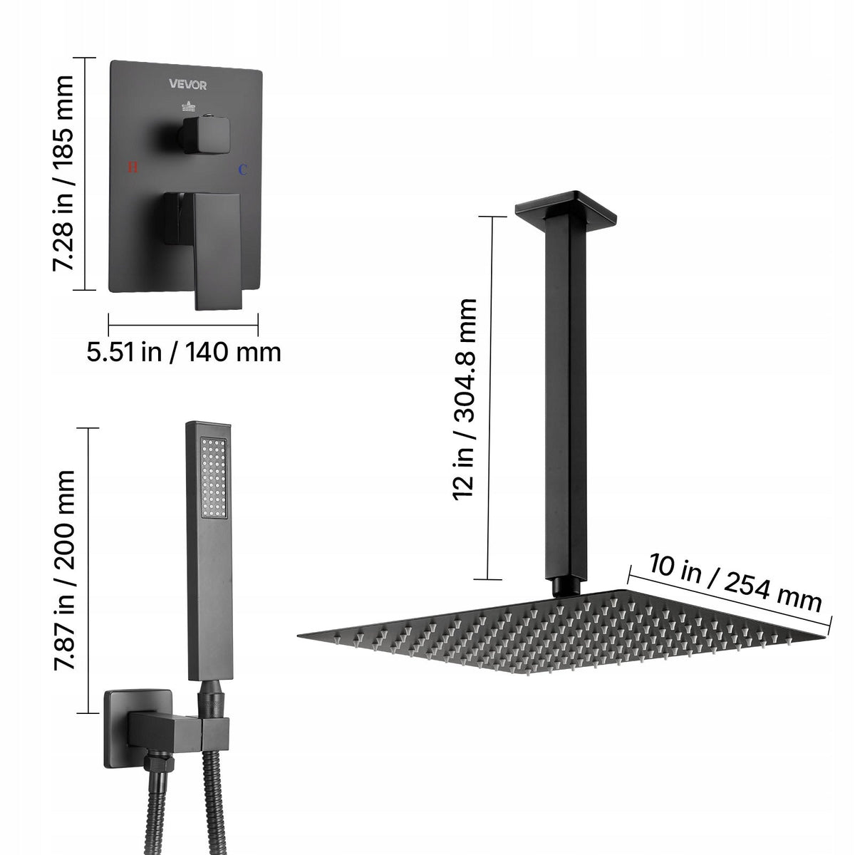 VEVOR PROFESSIONAL SHOWER FAUCET WITH 10-INCH SQUARE RAINFALL SHOWER HEAD