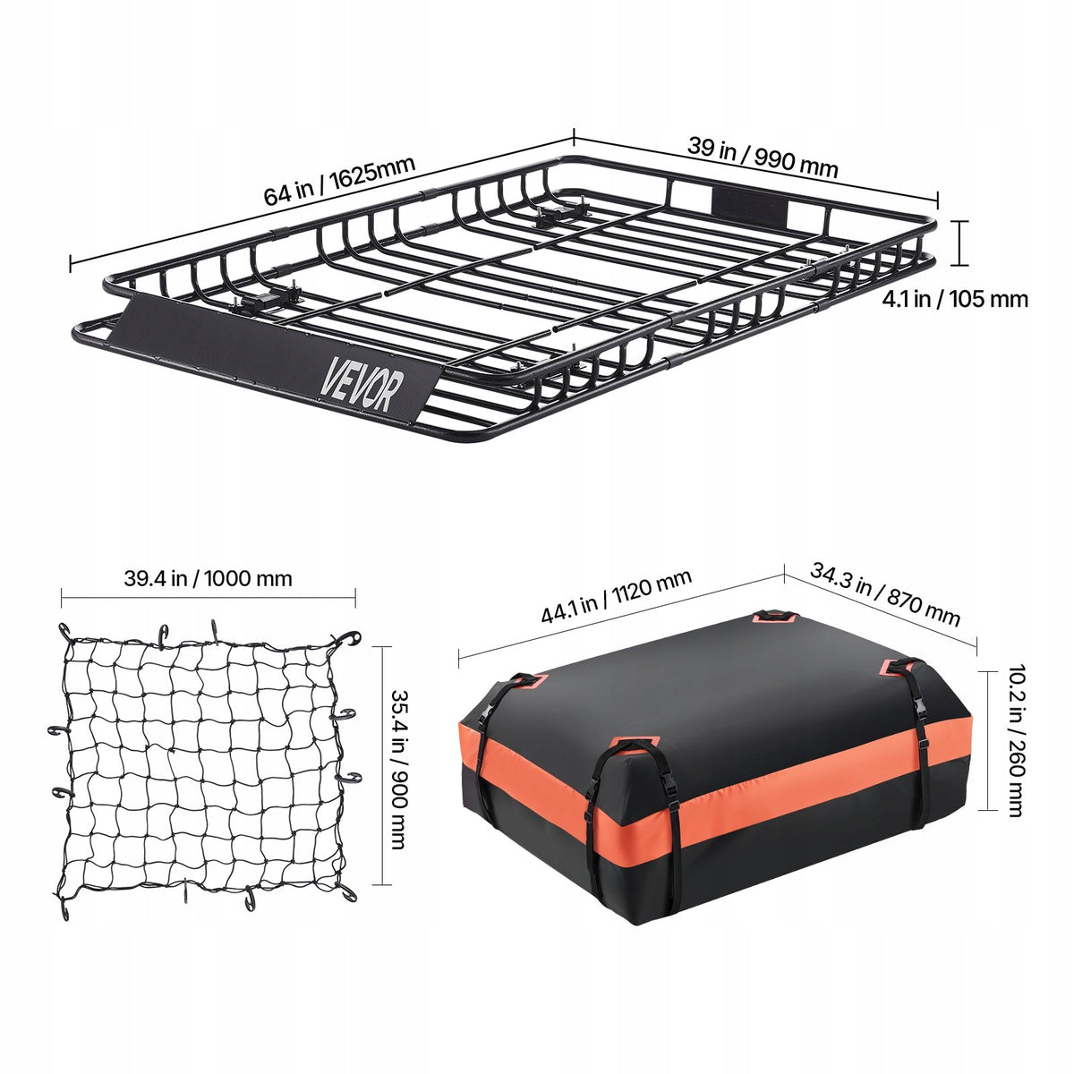 VEVOR HEAVY-DUTY ROOF BASKET 1625X990X105MM WITH WATERPROOF BAG AND NET