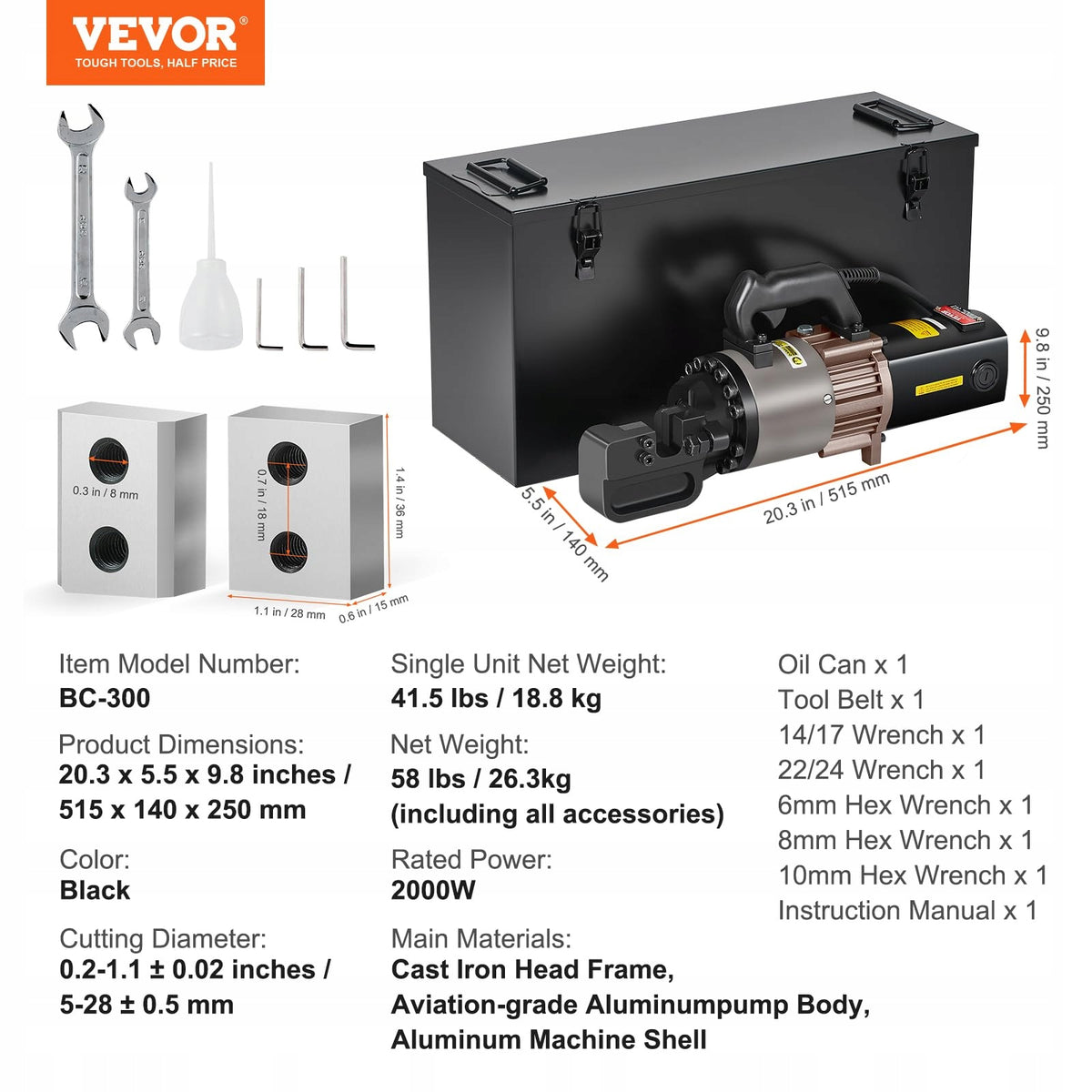 VEVOR 2000W 5-28MM ELECTRIC-HYDRAULIC REBAR CUTTER - ROBUST