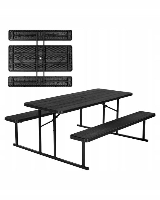 VEVOR FOLDING PICNIC TABLE WITH 2 BENCHES, STURDY STEEL WITH HOLE FOR UMBRELLA