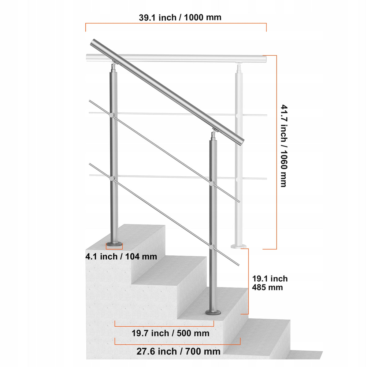 VEVOR 39.4 INCH 2-BAR STAINLESS STEEL OUTDOOR STAIR RAILING