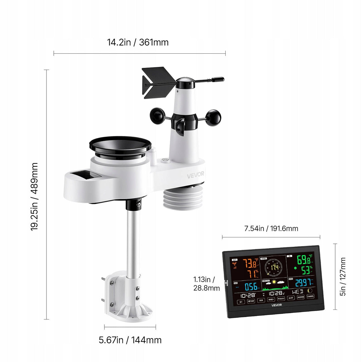 VEVOR 5-IN-1 SOLAR WEATHER STATION WITH IPX6 7.5" OUTDOOR SENSOR