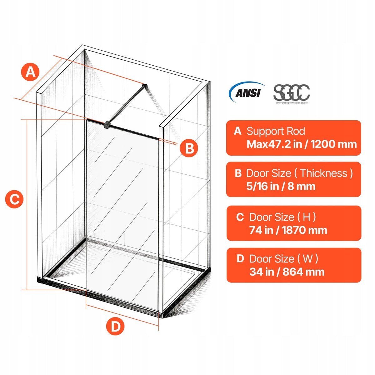 VEVOR FIXED GLASS SHOWER SCREEN 864X1870MM FRAMELESS 8MM PREMIUM