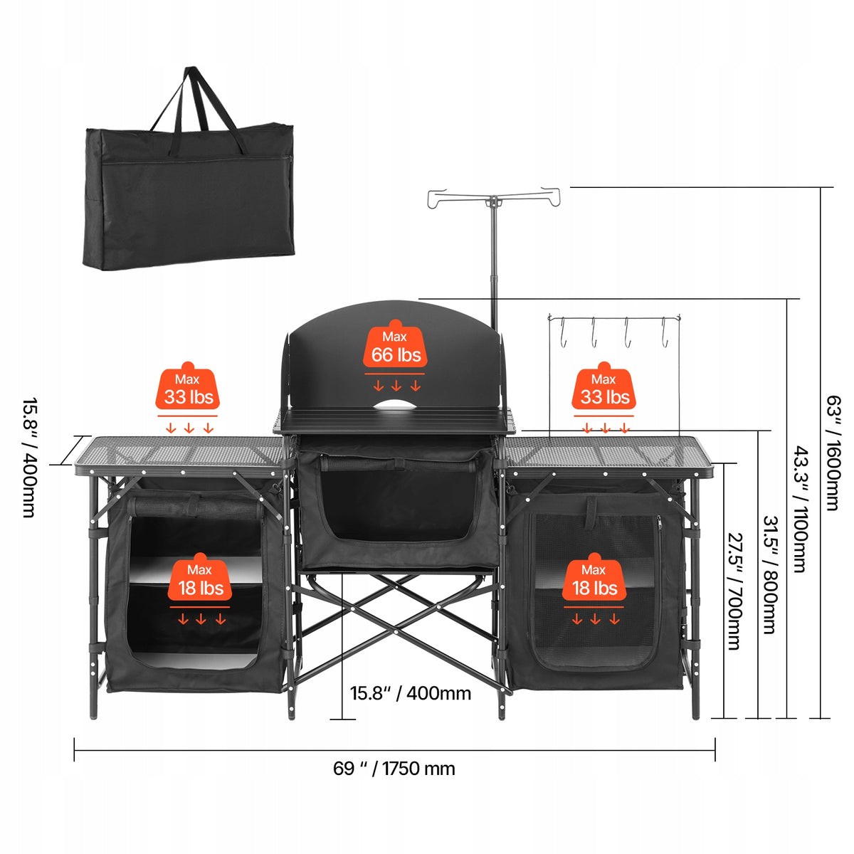 VEVOR PORTABLE CAMPING KITCHEN TABLE ALUMINIUM WITH 3 CABINETS BLACK