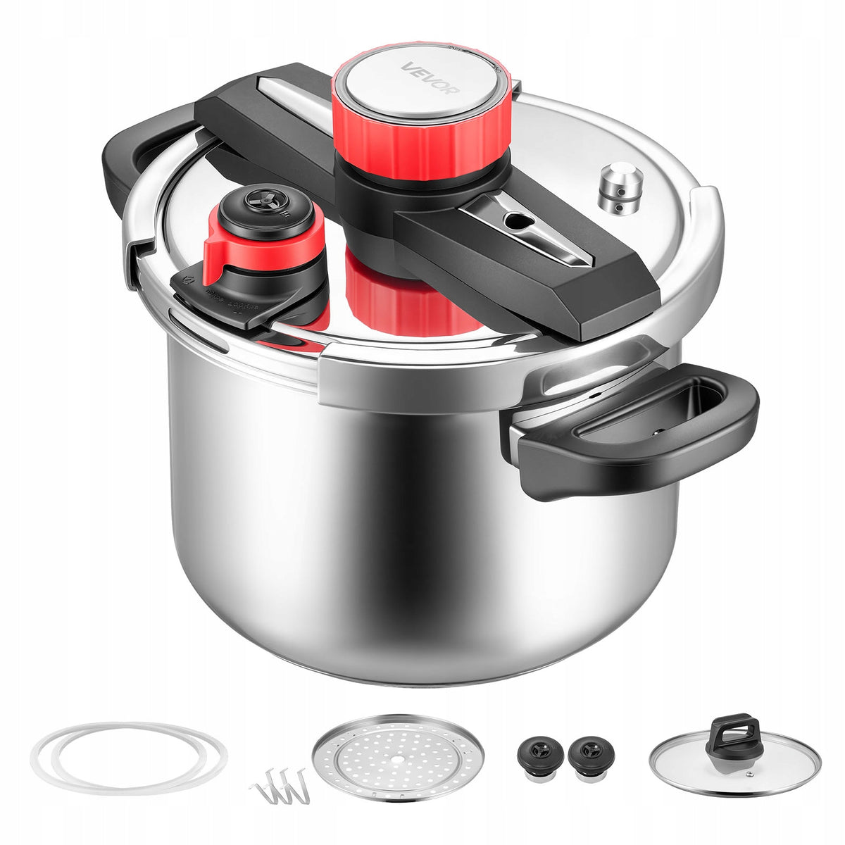 VEVOR 6L Stainless Steel Pressure Cooker with Steamer Basket and Glass Lid