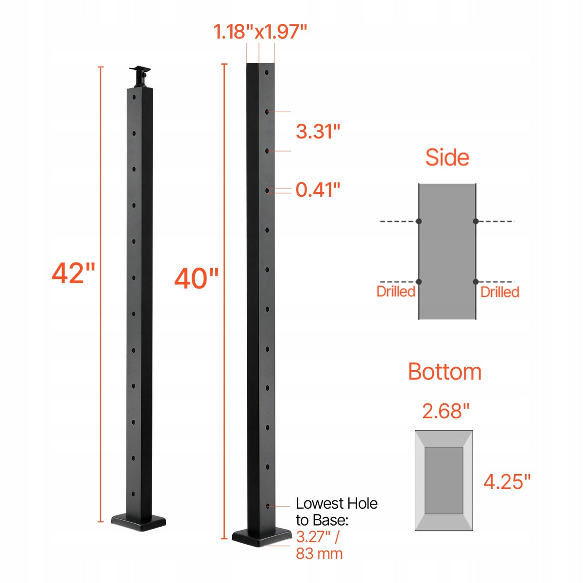 STURDY VEVOR STAIR HANDRAIL POST STAINLESS STEEL 106.7X2.5X5 CM