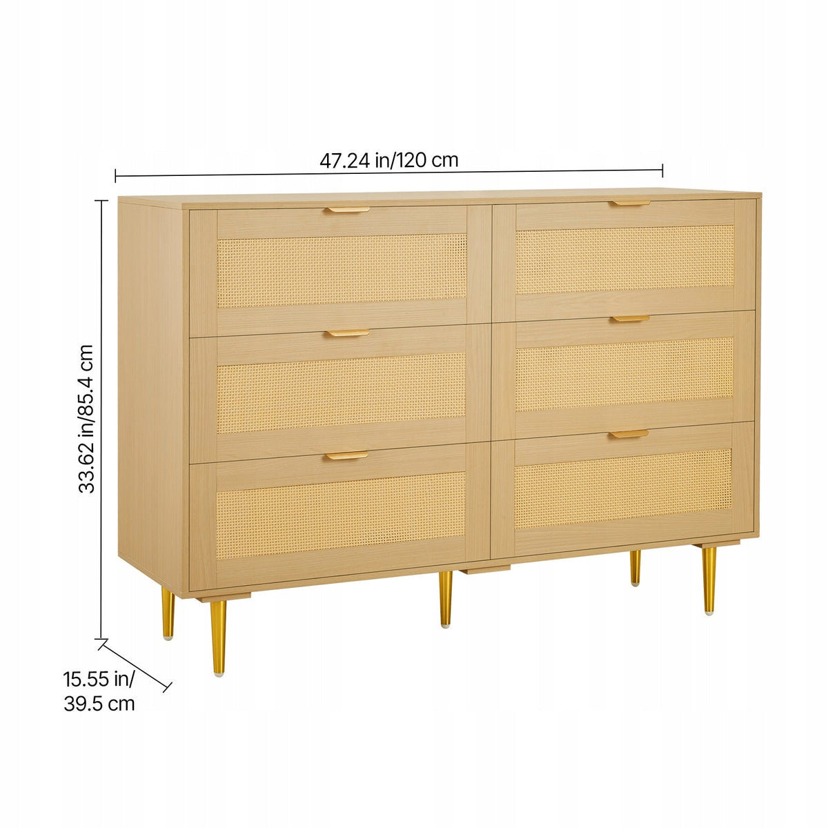 SOLID RATTAN DRESSER VEVOR 6 DRAWERS METAL HANDLES LEGS NATURAL