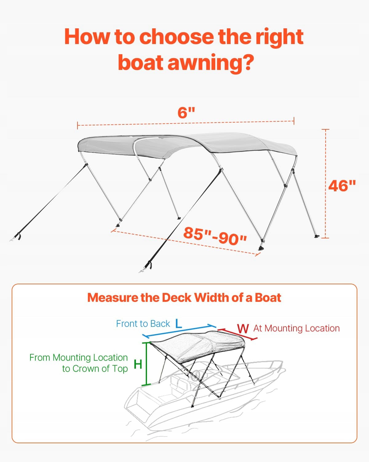 VEVOR BIMINI TOP BOAT COVER 3 ARCHES 600D POLYESTER ALUMINUM STRONG