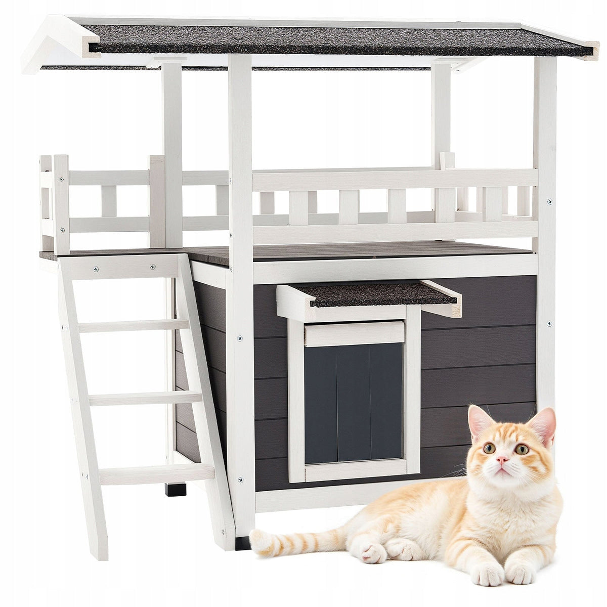 VEVOR TWO-TIER WOODEN CAT HOUSE WITH BALCONY AND STAIRS FOR