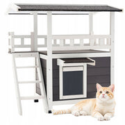 VEVOR TWO-TIER WOODEN CAT HOUSE WITH BALCONY AND STAIRS FOR