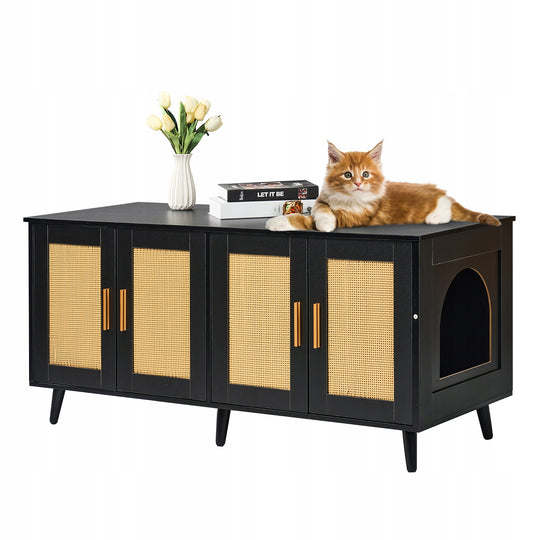 VEVOR CAT LITTER BOX ENCLOSURE FOR 2 CATS STURDY RATTAN CABINET BLACK