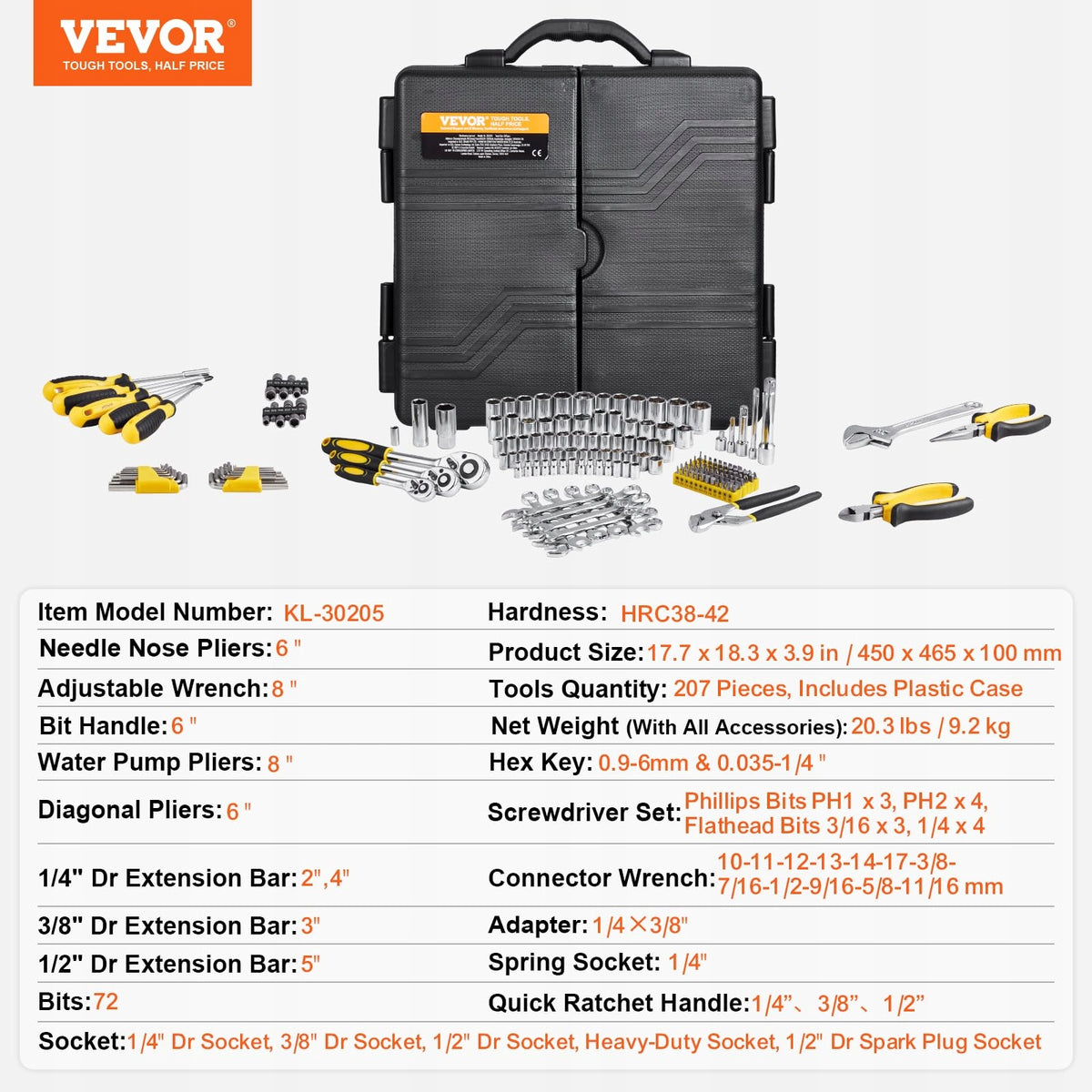 VEVOR 207-PIECE PREMIUM MECHANICAL TOOL SET 1/4" SOCKETS