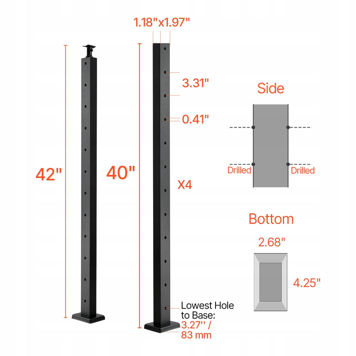 VEVOR Cable Railing Post Kit 4 Pieces 106.7X3X5CM Stainless Steel