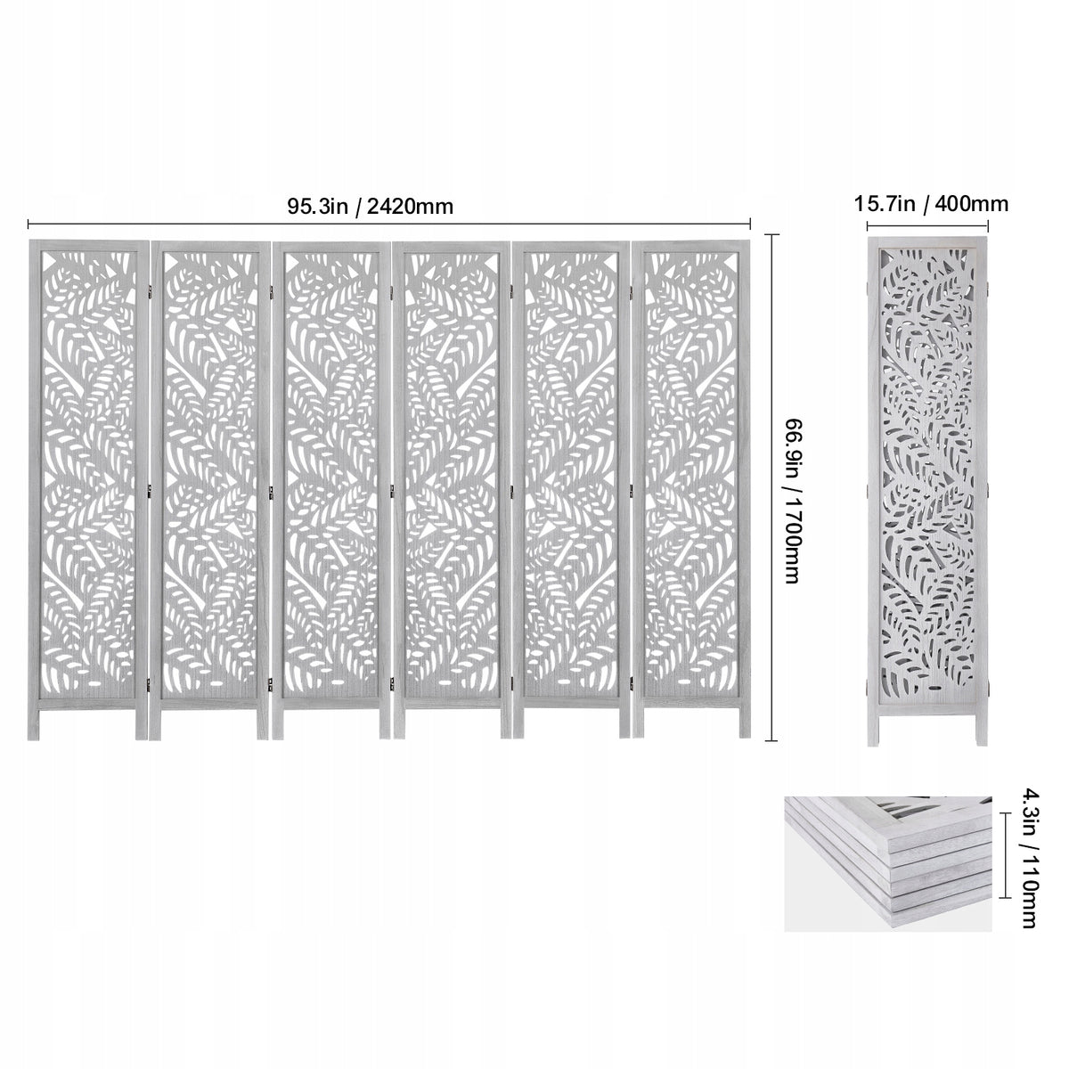 VEVOR ROOM DIVIDER 6 PANEL WOODEN FOLDING WHITE BOHO STURDY