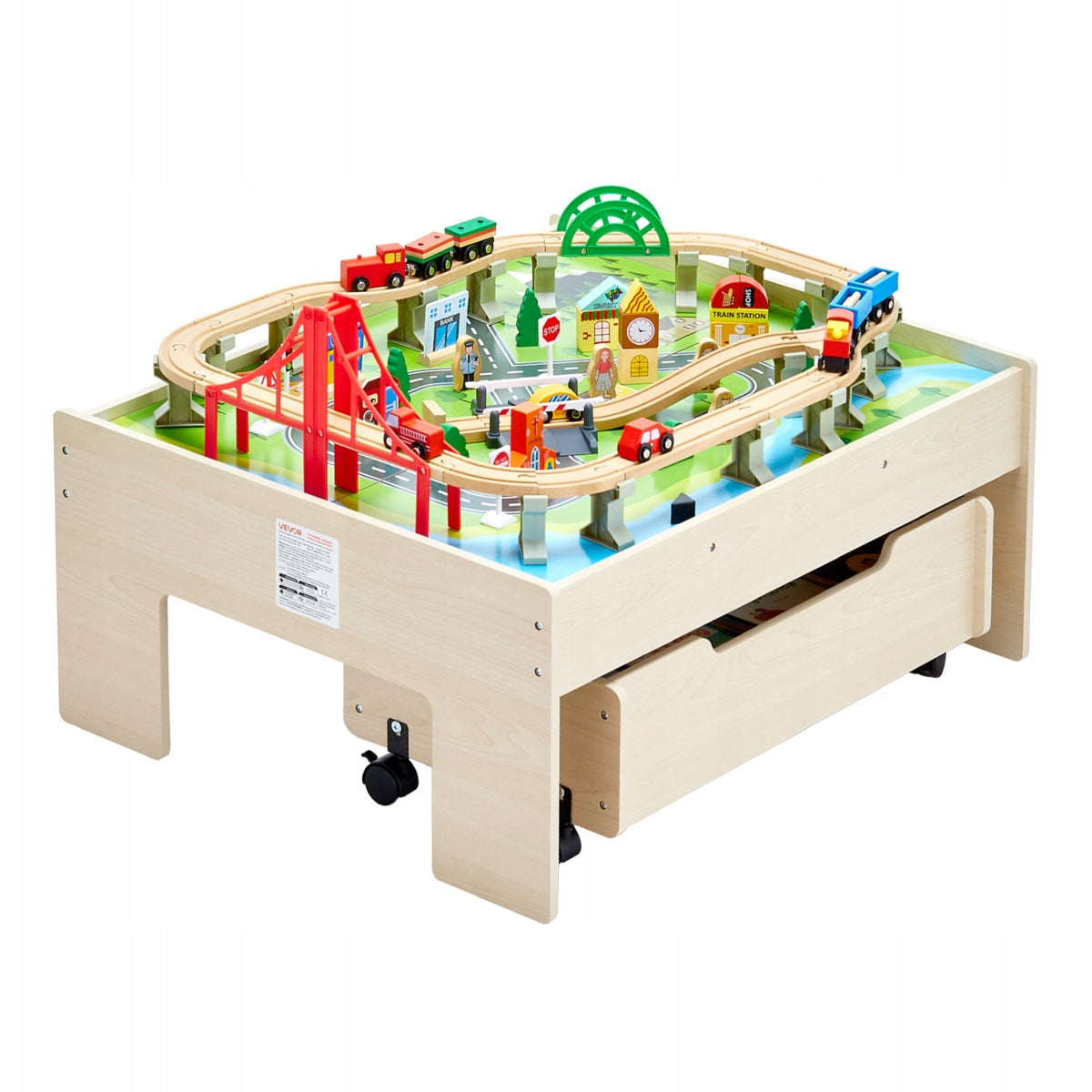 VEVOR WOODEN PLAY TABLE 100 PIECES TRAIN SET STRONG SOLID