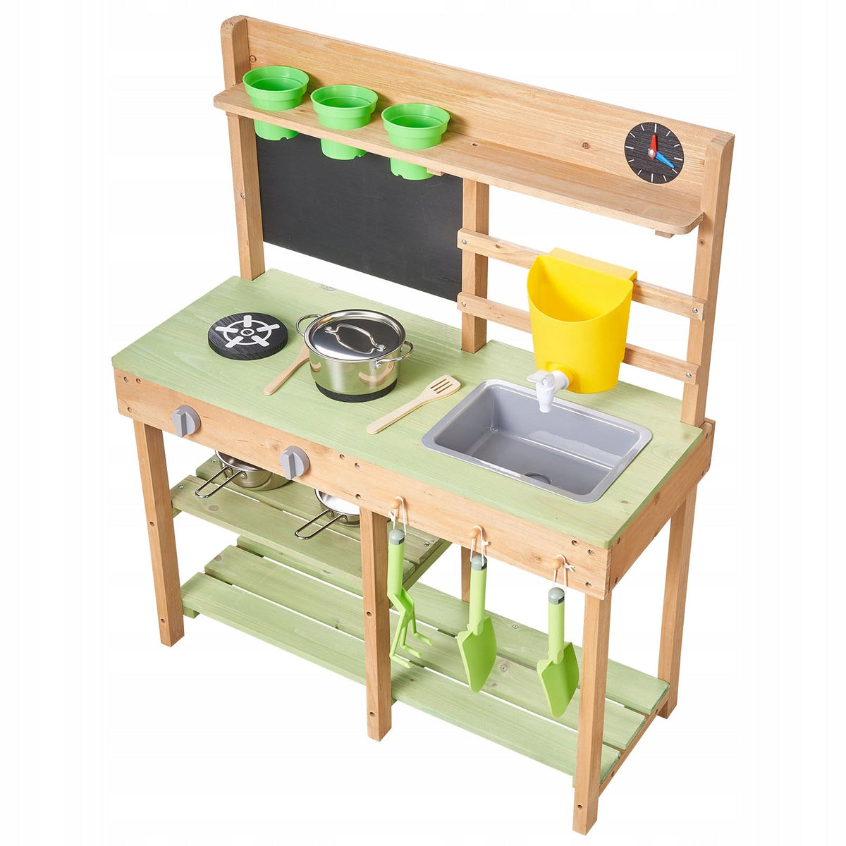 VEVOR WOODEN PLAY KITCHEN WITH 2-BURNER STOVE, GREEN, PREMIUM