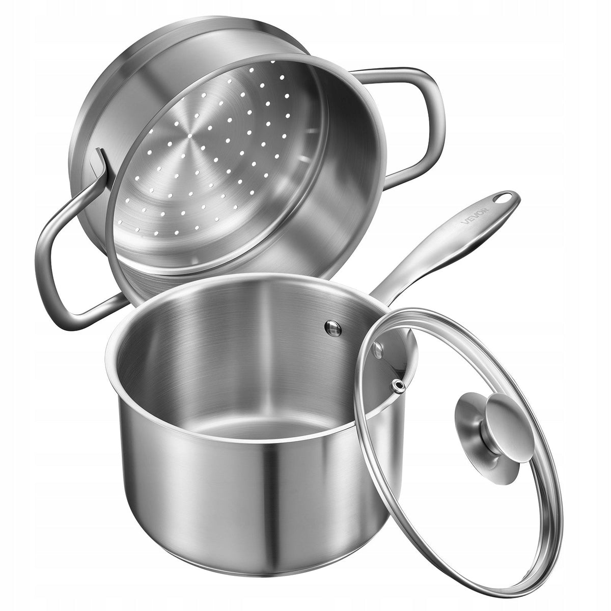 VEVOR 2.37L STAINLESS STEEL POT WITH GLASS LID AND STEAMER INSERT