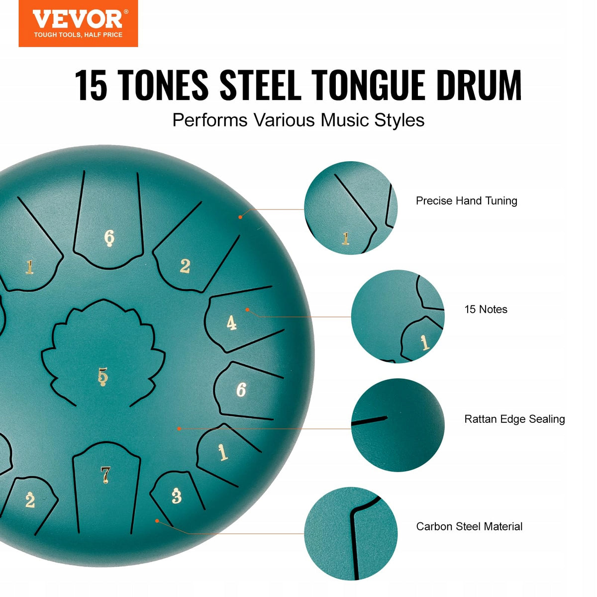 VEVOR 12 Inch 13 Notes Steel Tongue Drum Rain Drum with Mallets