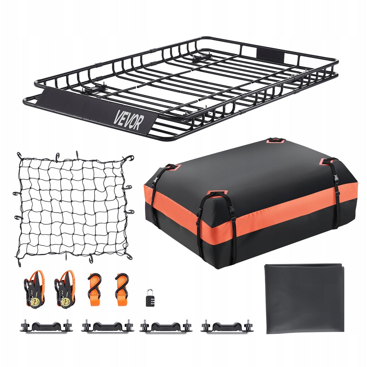 VEVOR HEAVY-DUTY ROOF BASKET 1625X990X105MM WITH WATERPROOF BAG AND NET