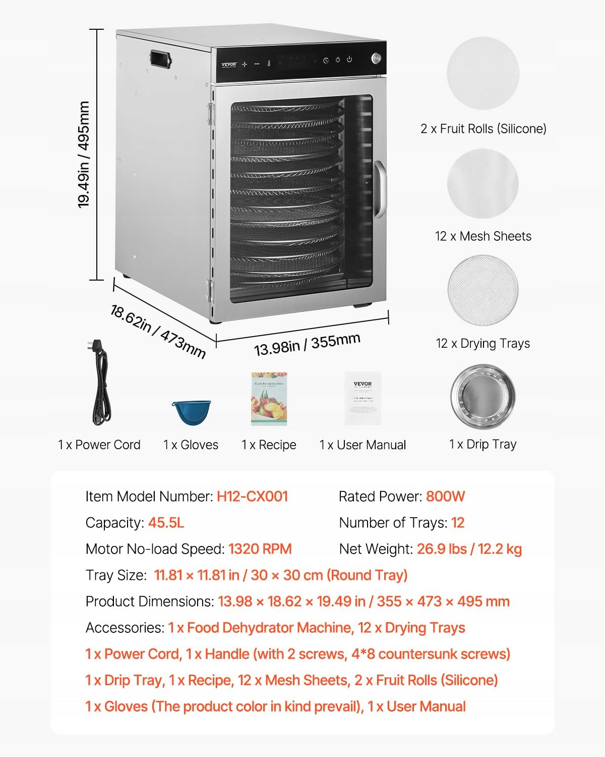 FOOD DEHYDRATOR VEVOR 12 TRAYS STAINLESS STEEL 800W ELECTRIC PREMIUM