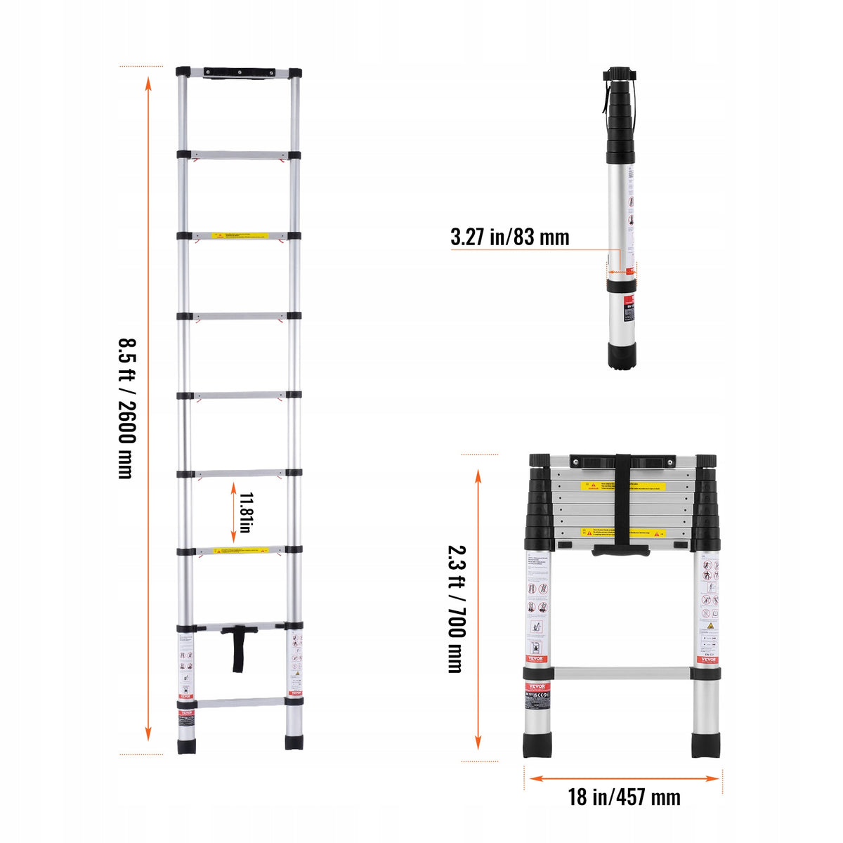 VEVOR 2.6M TELESCOPIC LADDER ALUMINUM EXTENSION STRONG LIGHTWEIGHT