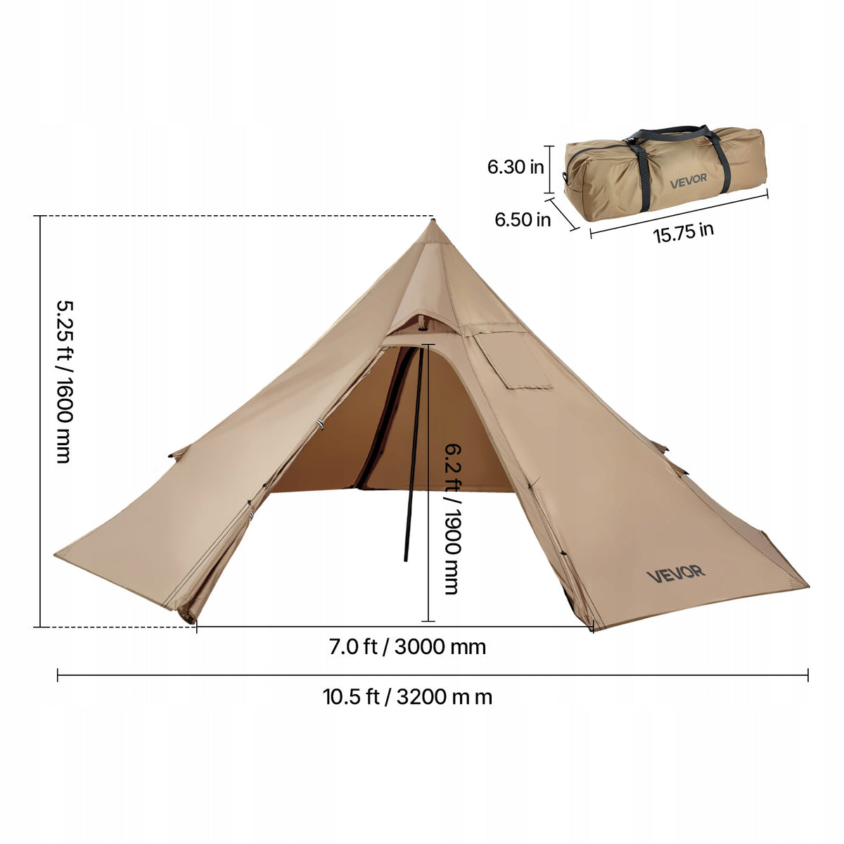 VEVOR 2-PERSON TIPI TENT PORTABLE WINTER WATERPROOF WITH CONNECTOR