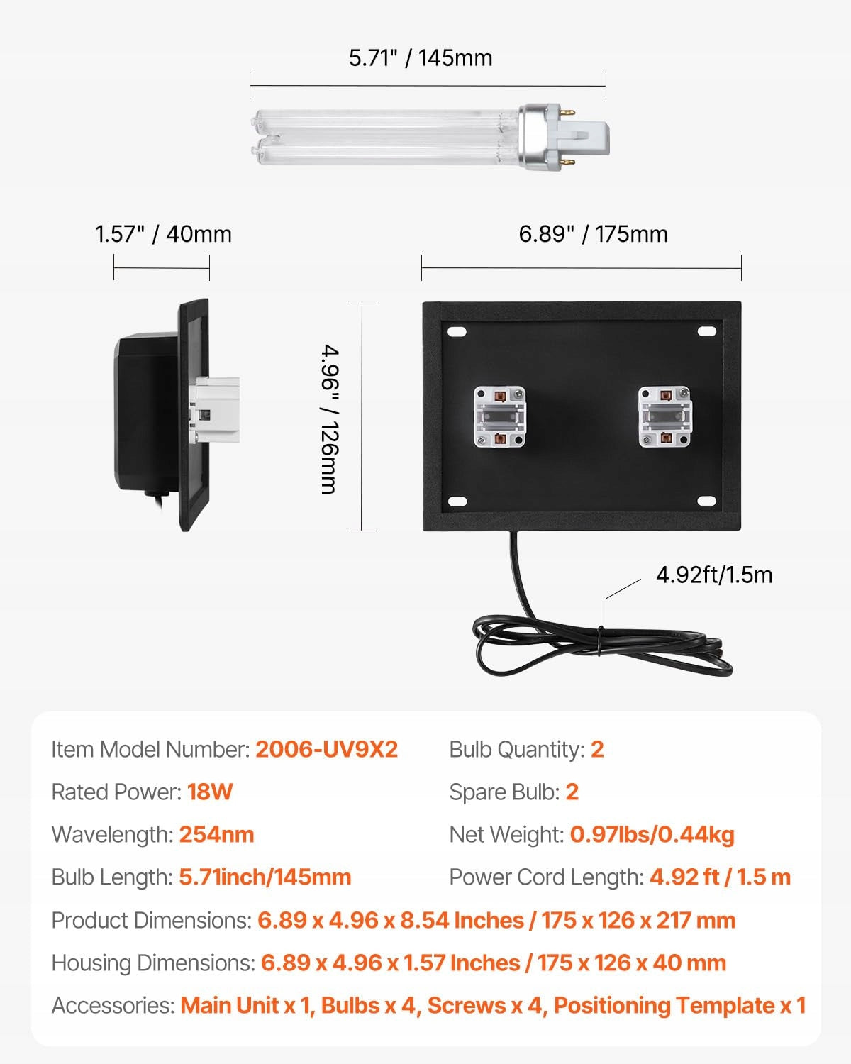 VEVOR HVAC UV UVC AIR PURIFIER 18W FOR AIR CONDITIONING WITH 2 BULBS