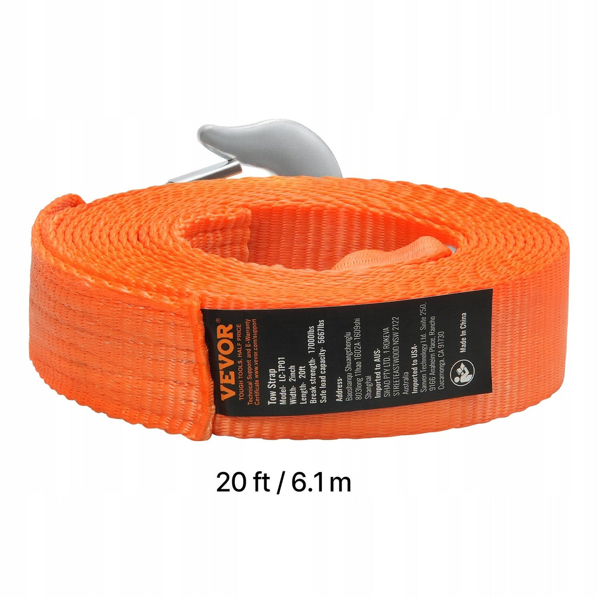 VEVOR ATV TOW STRAP 50 8 MM X 6 1 M HEAVY DUTY WITH HOOK POLYESTER 7711 KG