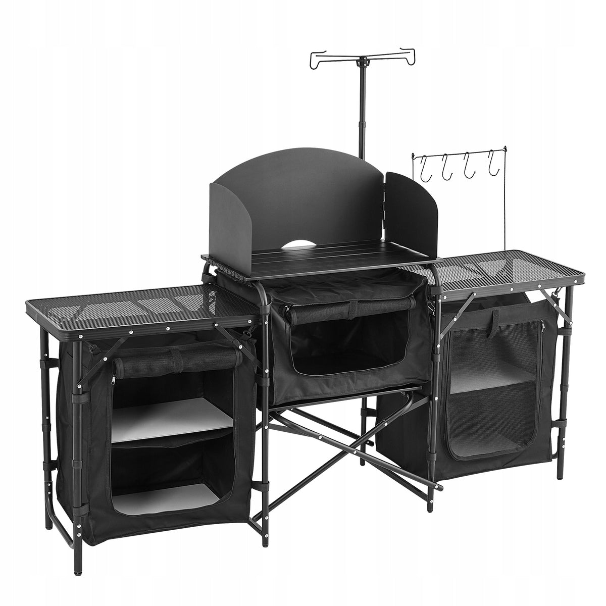VEVOR PORTABLE CAMPING KITCHEN TABLE ALUMINIUM WITH 3 CABINETS BLACK