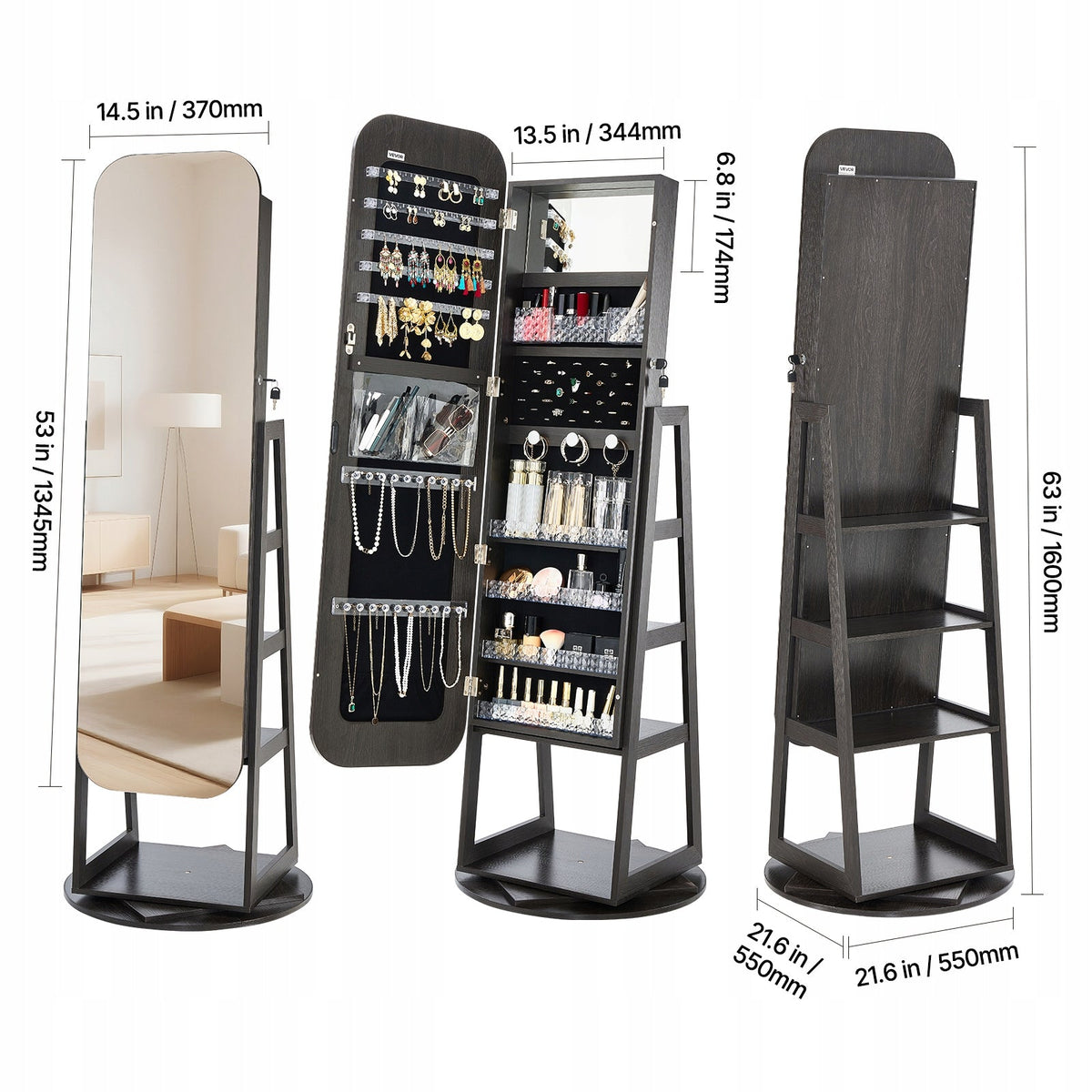 VEVOR 360 ROTATING JEWELRY CABINET WITH MIRROR 160CM PREMIUM ORGANIZER