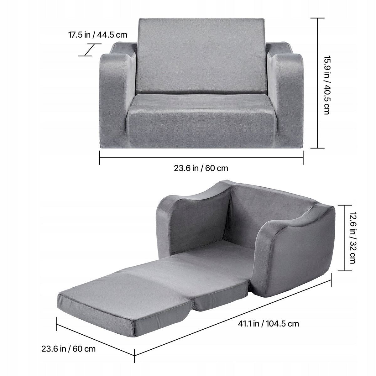 VEVOR FOLDABLE 2-IN-1 CHILDREN'S SOFA ARMCHAIR WITH 28D SPONGE SHORT PLUSH GREY