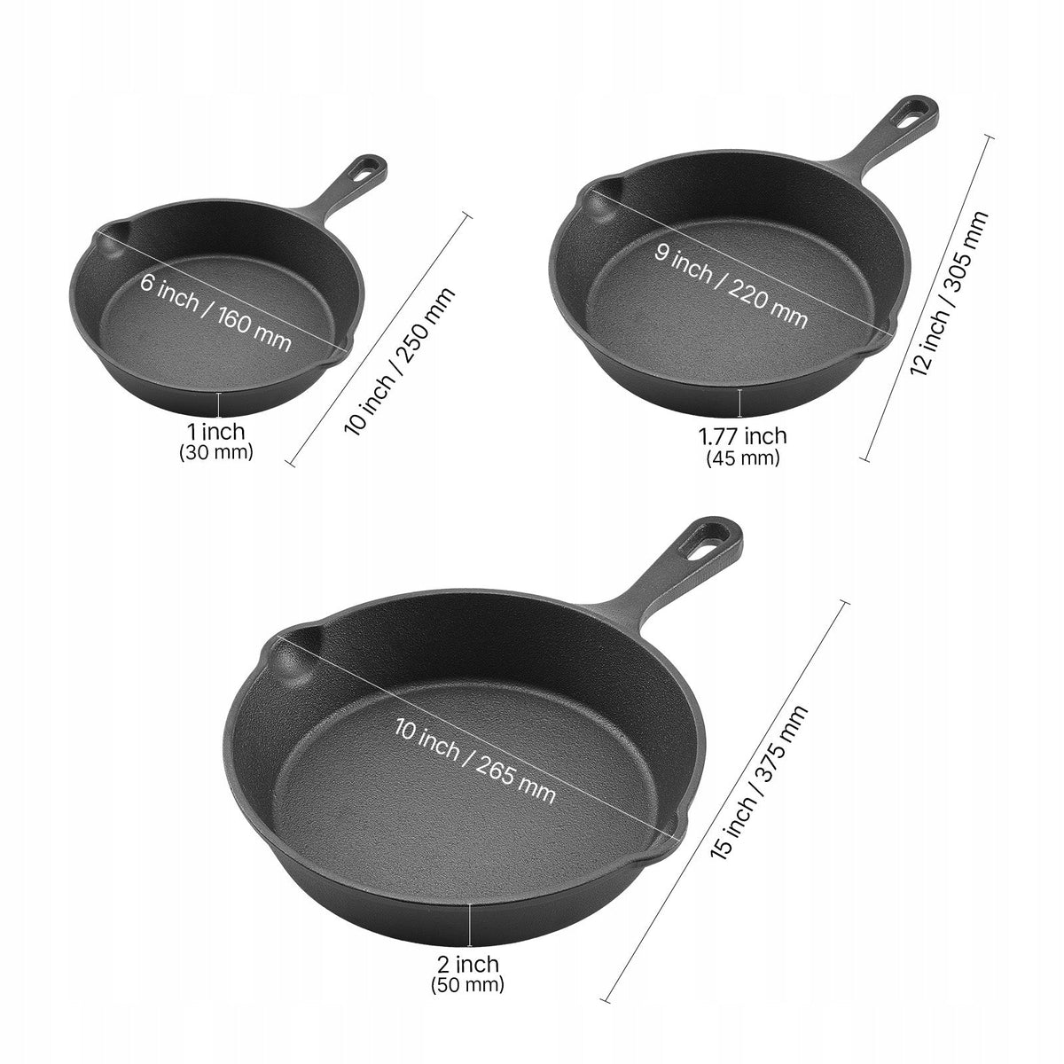 VEVOR CAST IRON FRYING PAN SET 160 220 265 MM STRONG BEST SET