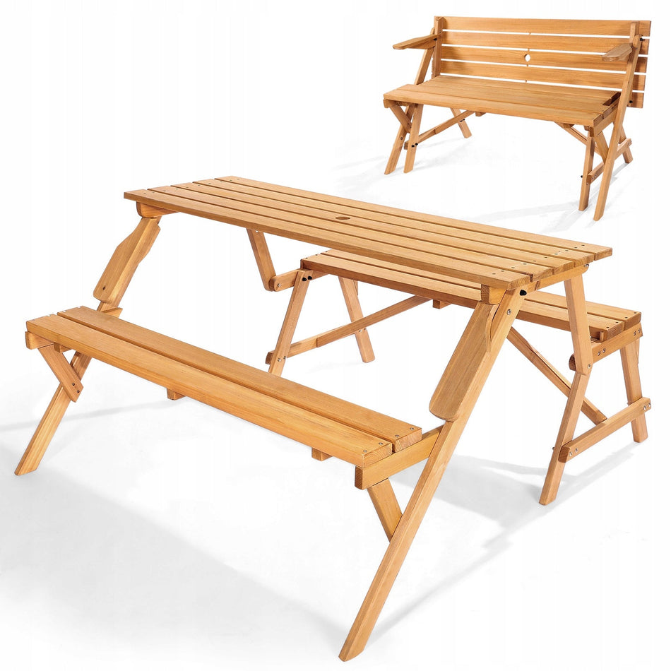 VEVOR 2-IN-1 FOLDABLE PICNIC TABLE WITH BENCH FIR WOOD UMBRELLA HOLE