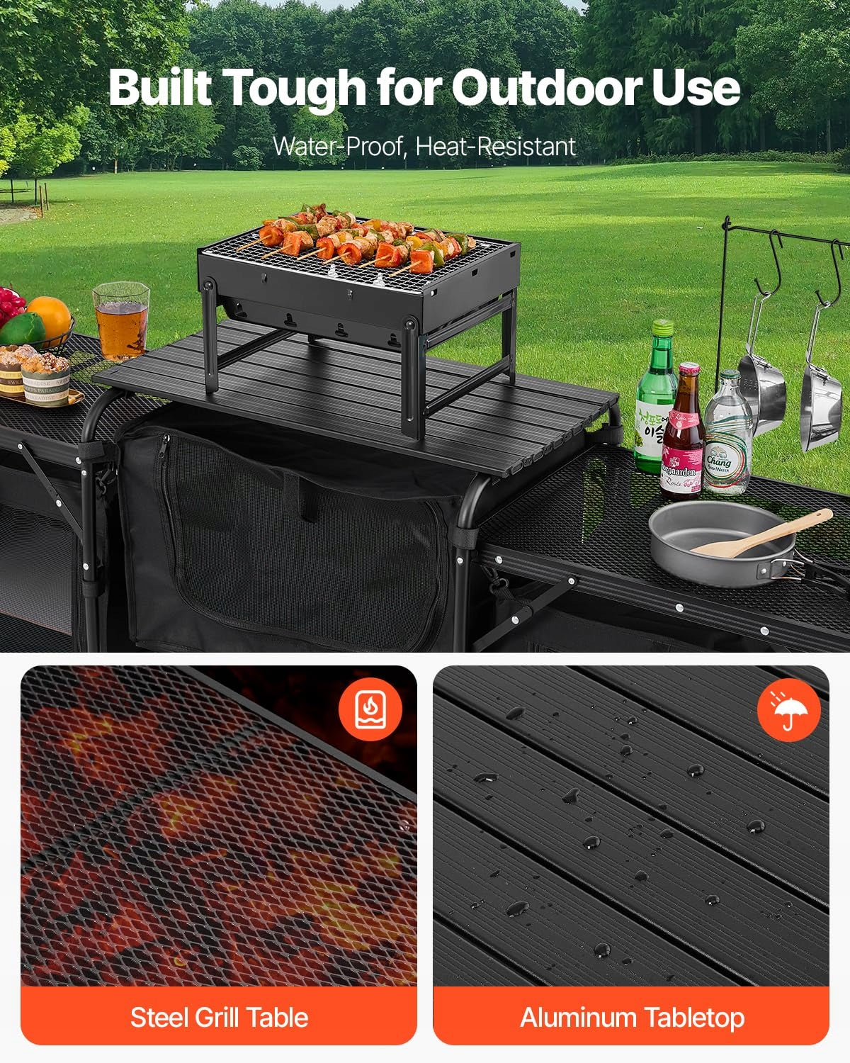 VEVOR PORTABLE CAMPING KITCHEN TABLE ALUMINIUM WITH 3 CABINETS BLACK