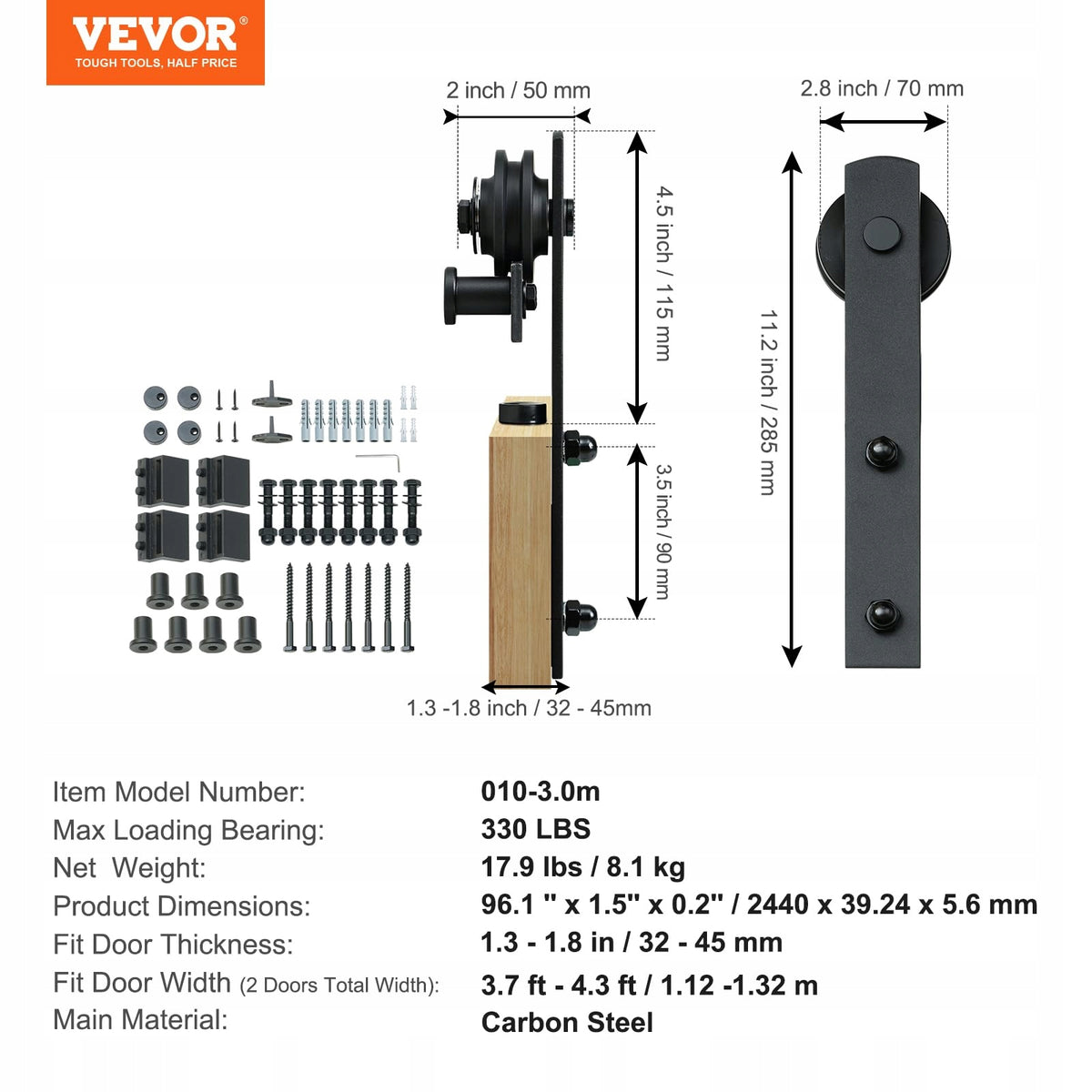 VEVOR 244CM HEAVY-DUTY SLIDING DOOR SYSTEM AND 2-PIECE SHAPE SET