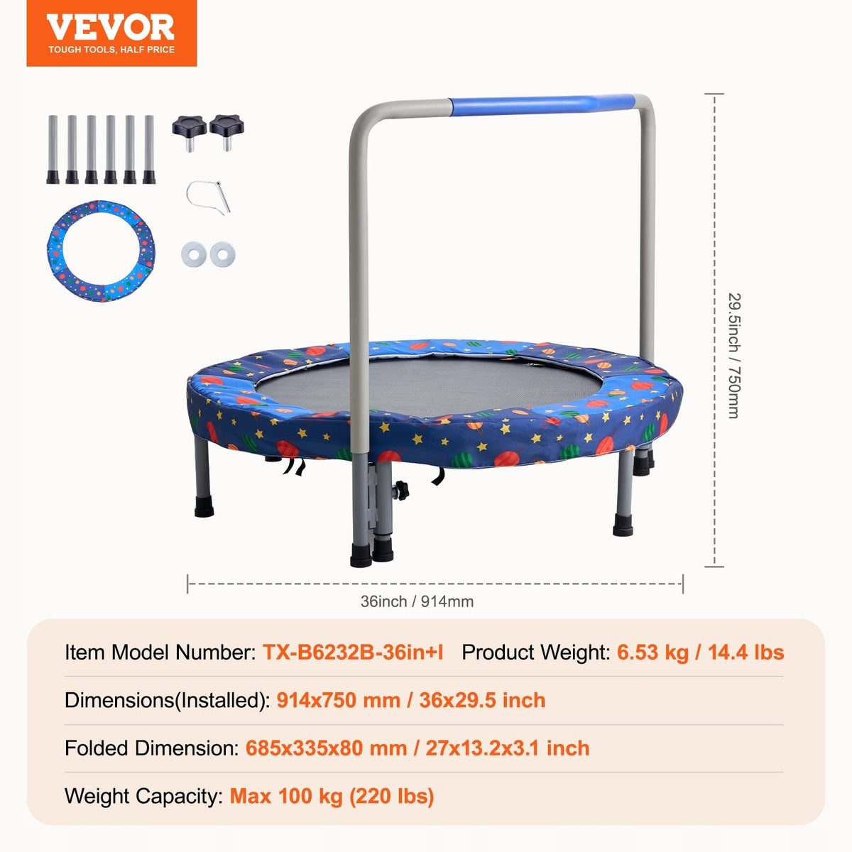 VEVOR 91 44 CM CHILDREN'S FOLDABLE TRAMPOLINE BLUE STRONG STEEL FRAME