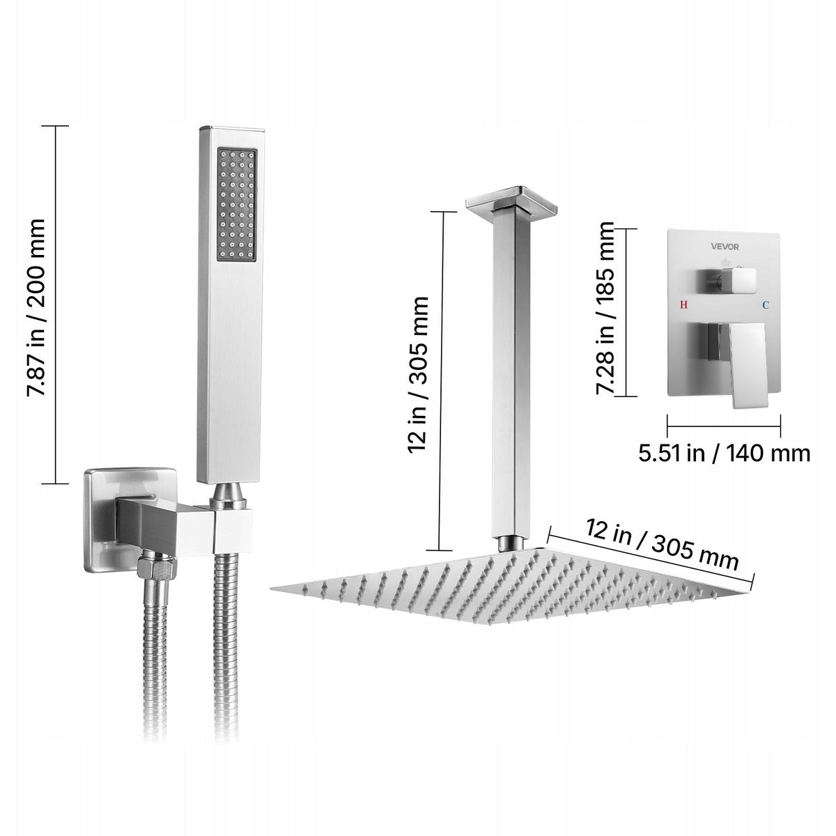 VEVOR PROFESSIONAL SHOWER FAUCET WITH 12-INCH SQUARE RAINFALL SHOWER HEAD